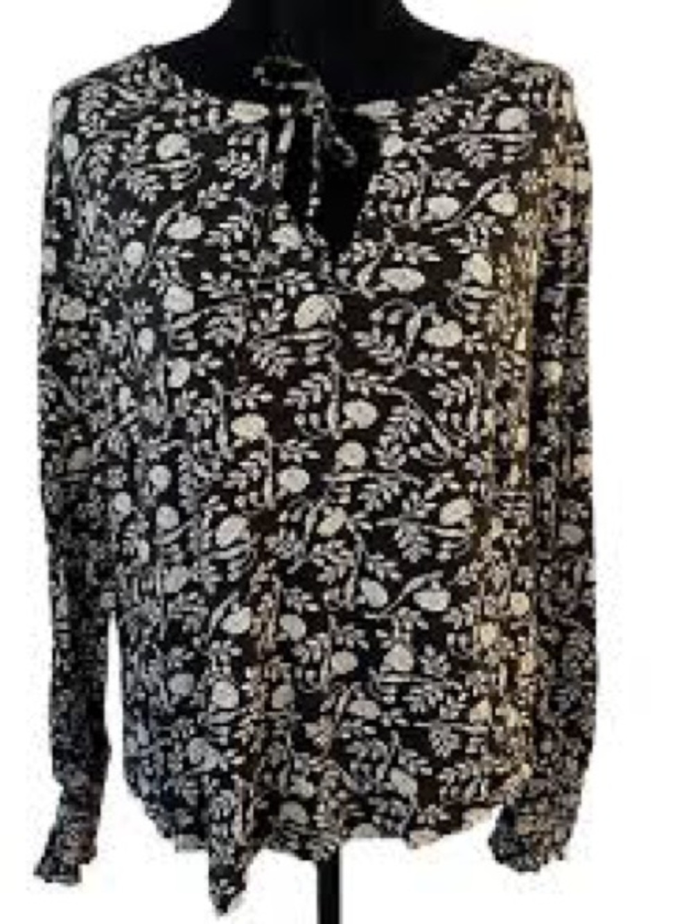 Lucky Brand Black Floral Tie-Neck Blouse
